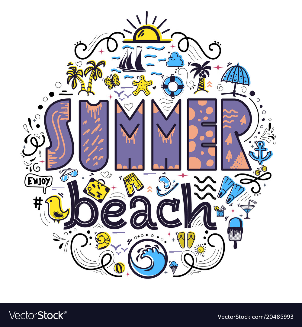 Summer beach and set of colored icons