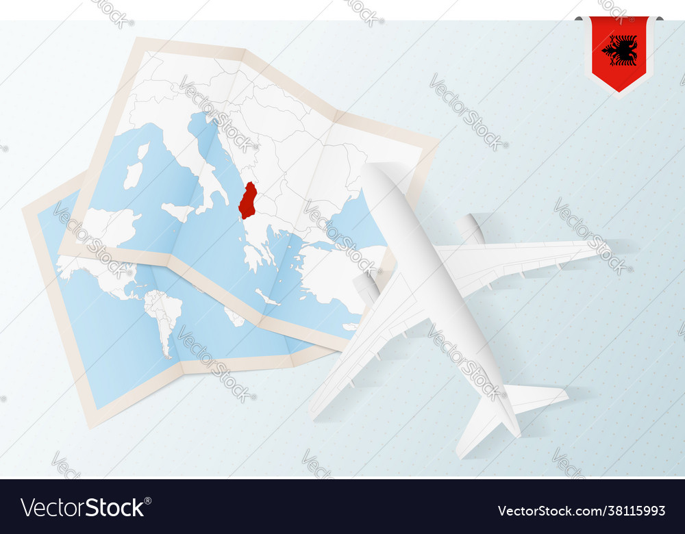 Travel to albania top view airplane with map