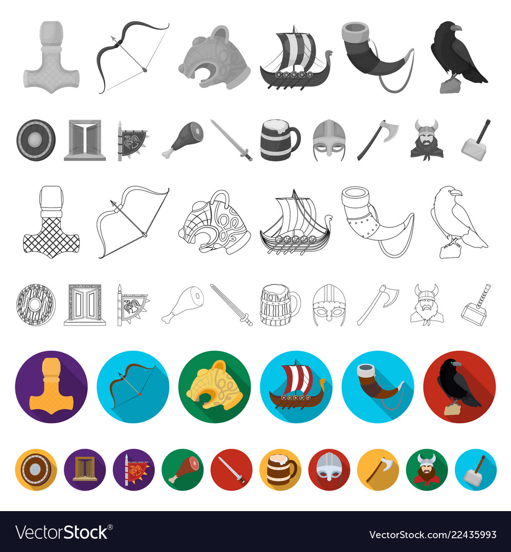 Vikings and attributes flat icons in set