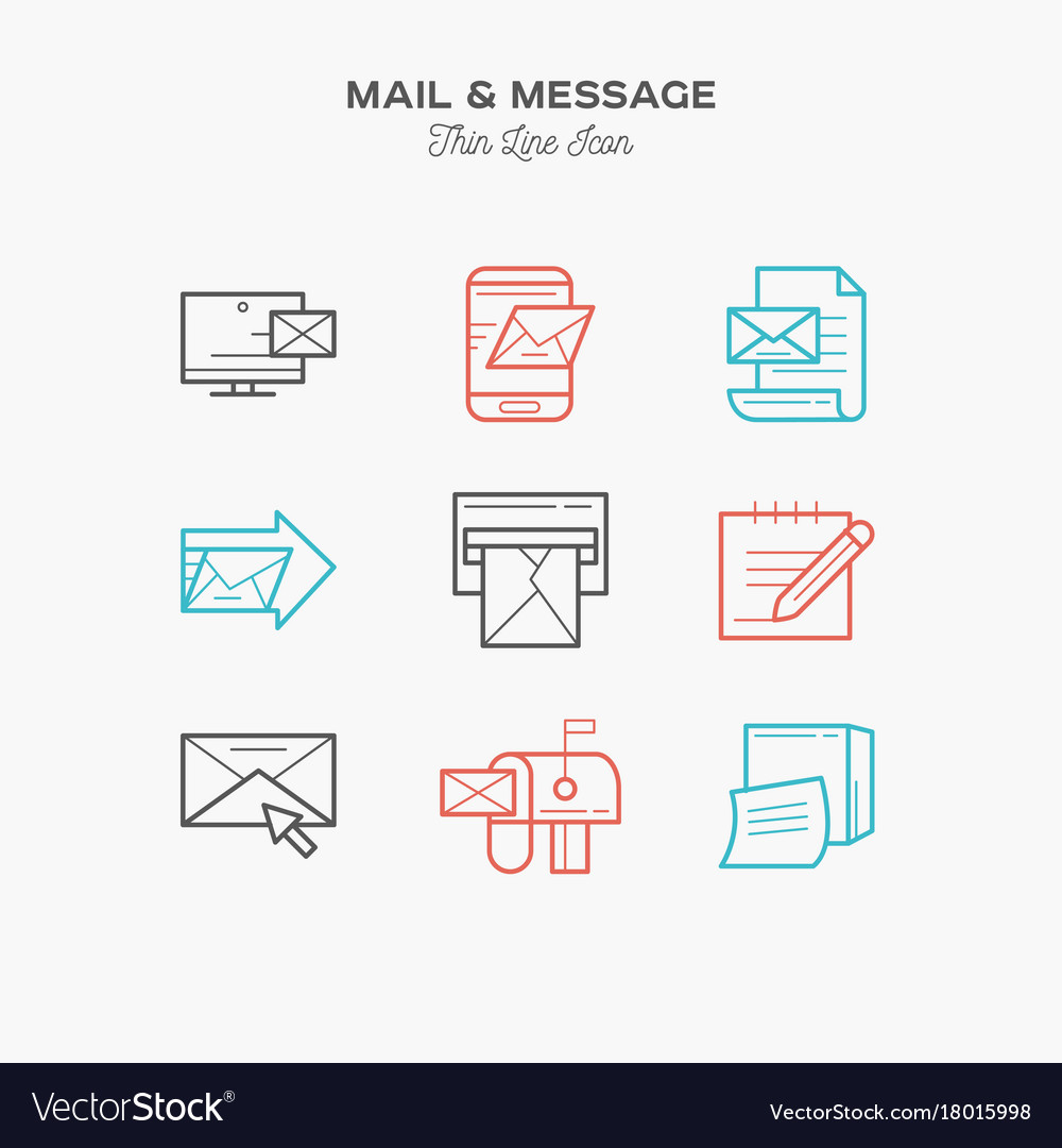 Mail message and more thin line color icons set