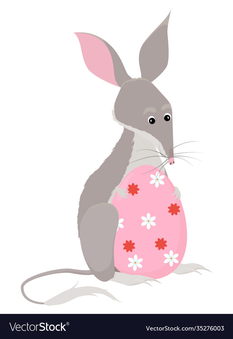 Cartoon bilby mascot holding big pink easter egg