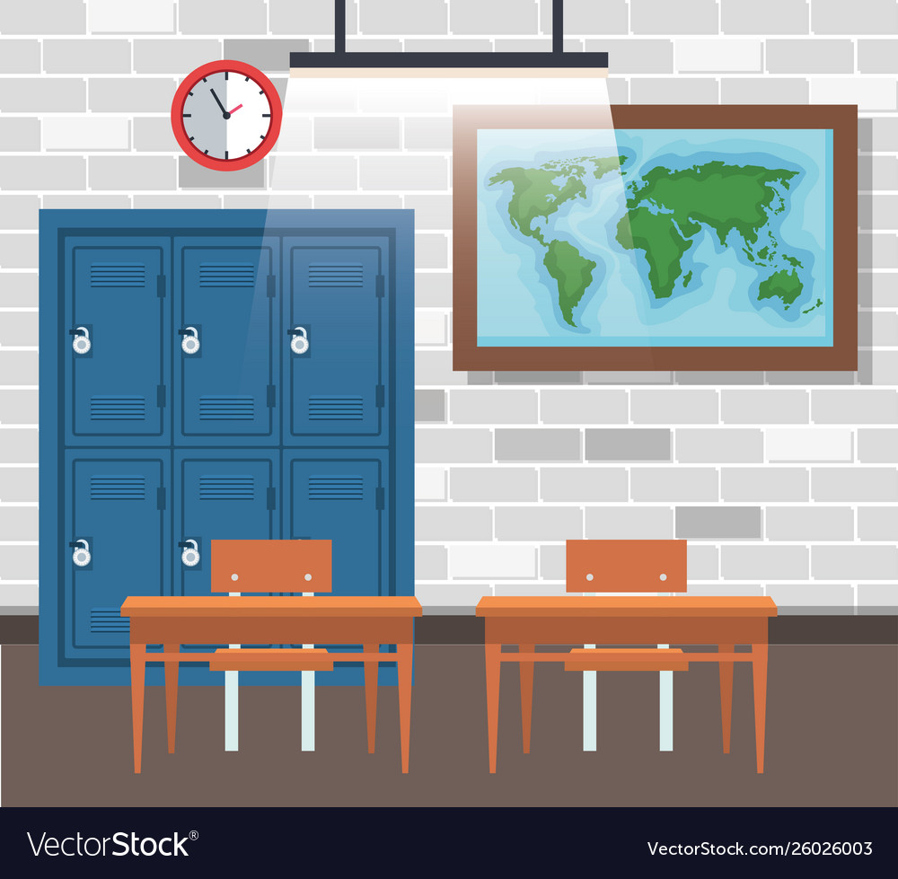 Global map with lockers and desk in classroom