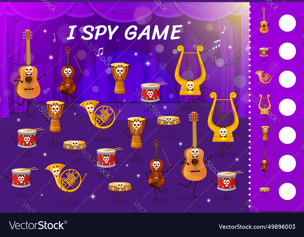 I spy game with musical instruments characters Vector Image