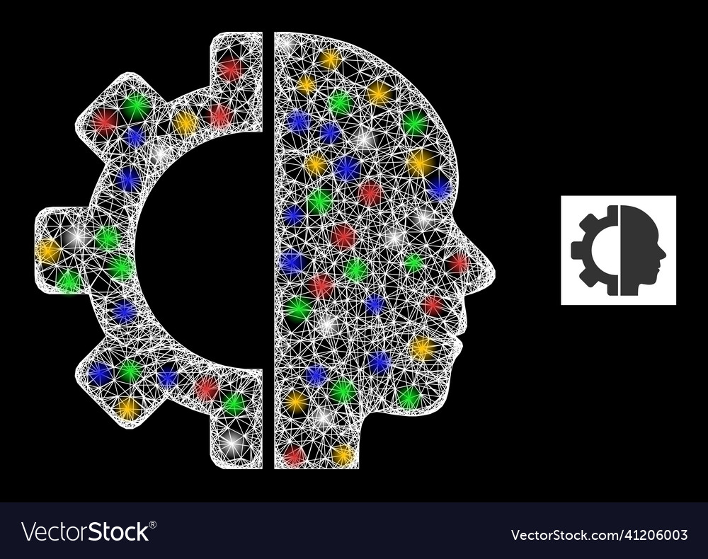 Net web mesh cyborg head icon with colorful flash vector image Net web mesh cyborg head icon with colorful flash
