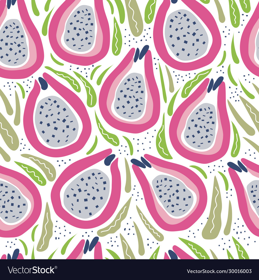 Pitaya with green leaves seamless pattern