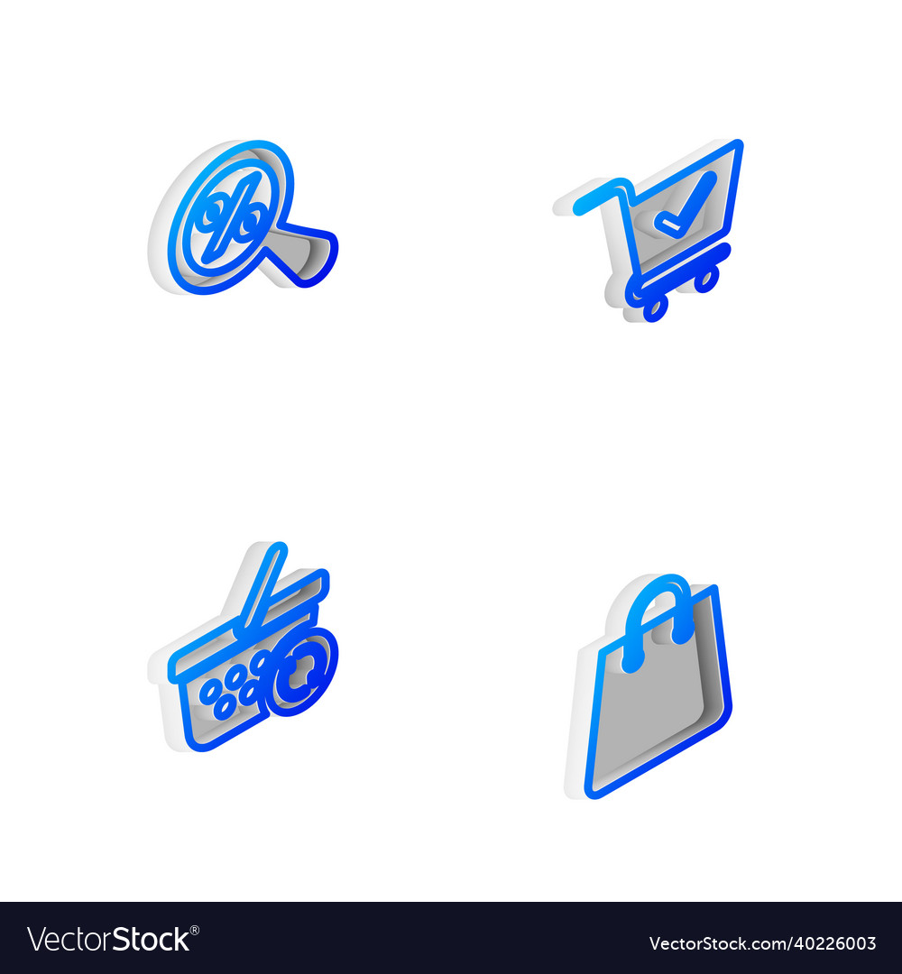 Set isometric line shopping cart with check mark
