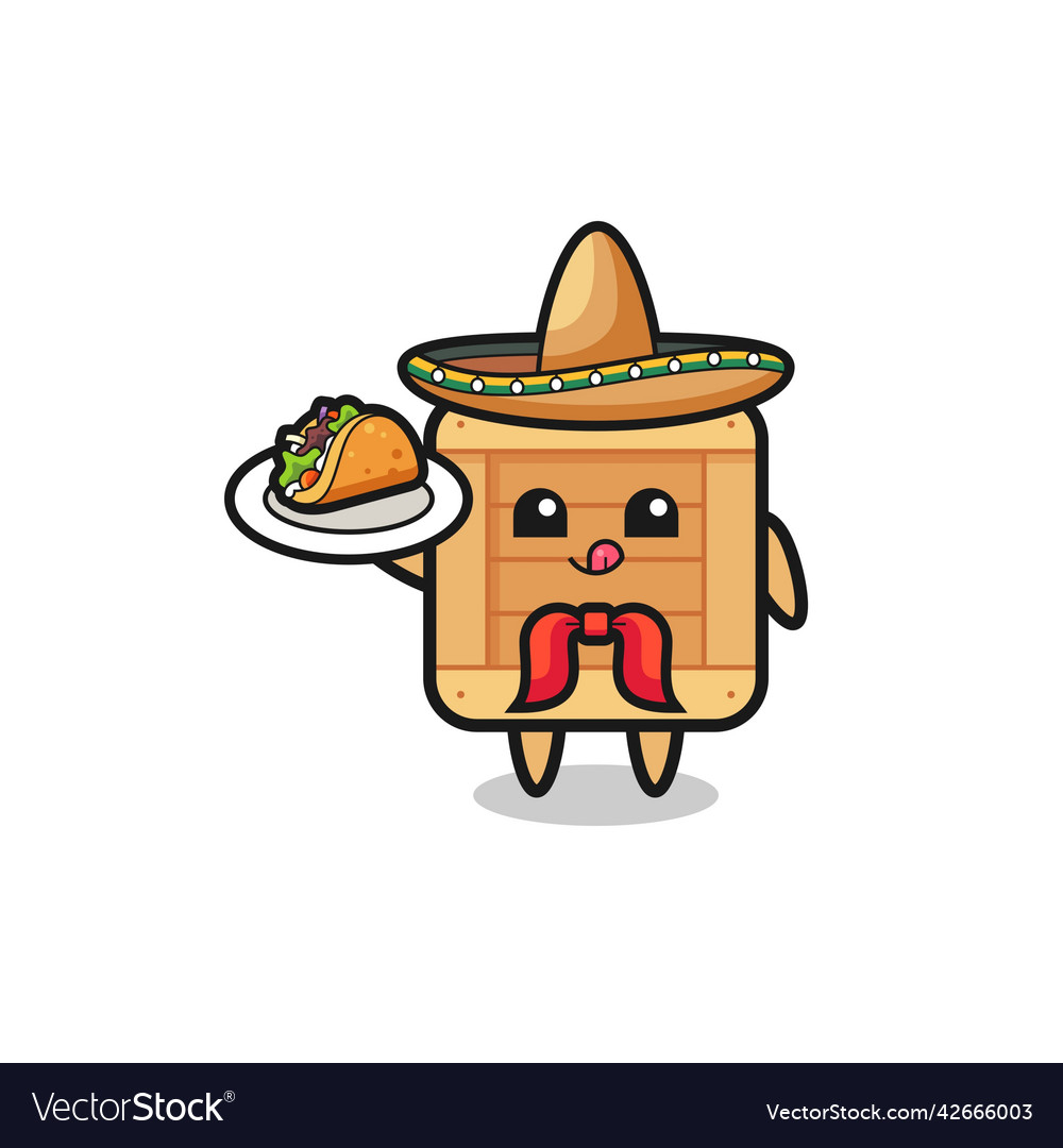 Wooden box mexican chef mascot holding a taco