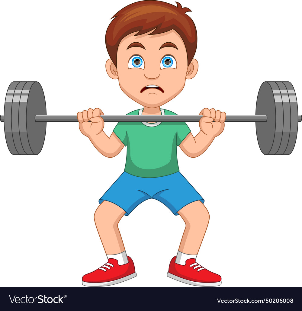 Cute boy lifting weights cartoon Royalty Free Vector Image