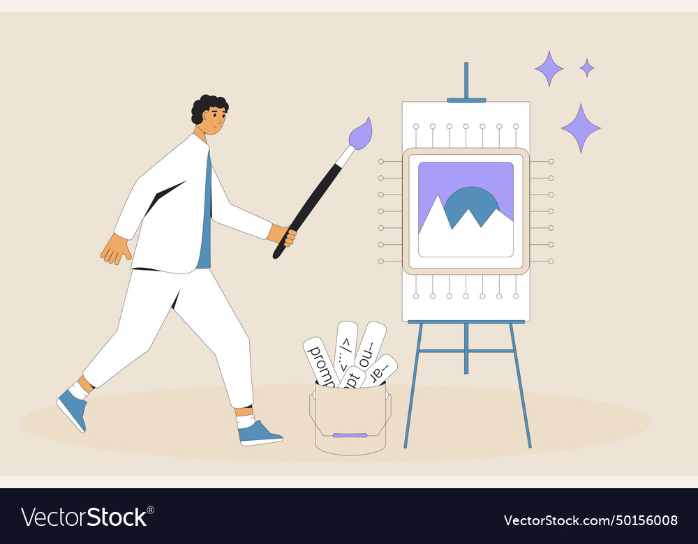 Prompt engineer man painting with artificial vector image Prompt engineer man painting with artificial