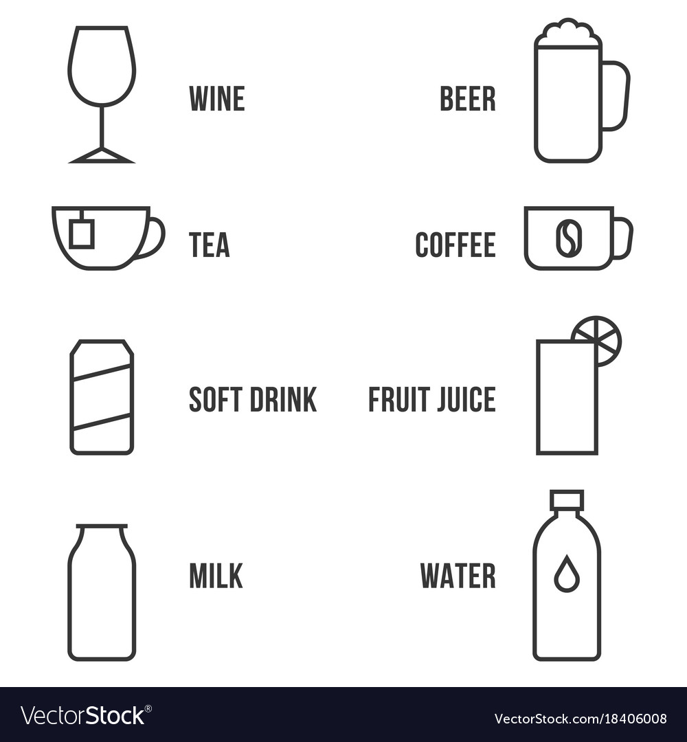 Simple beverage outline icon set with name