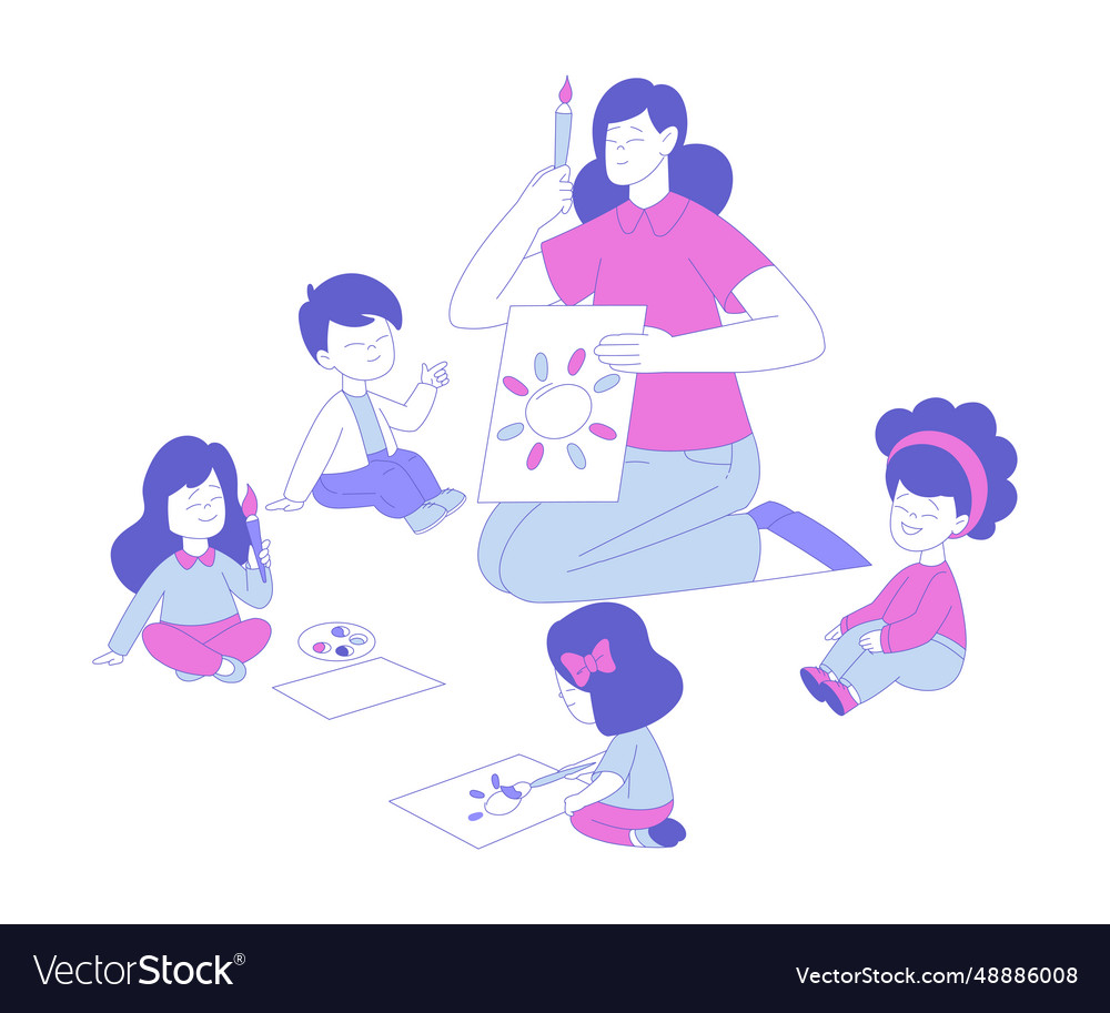 Woman teacher and children painting drawing