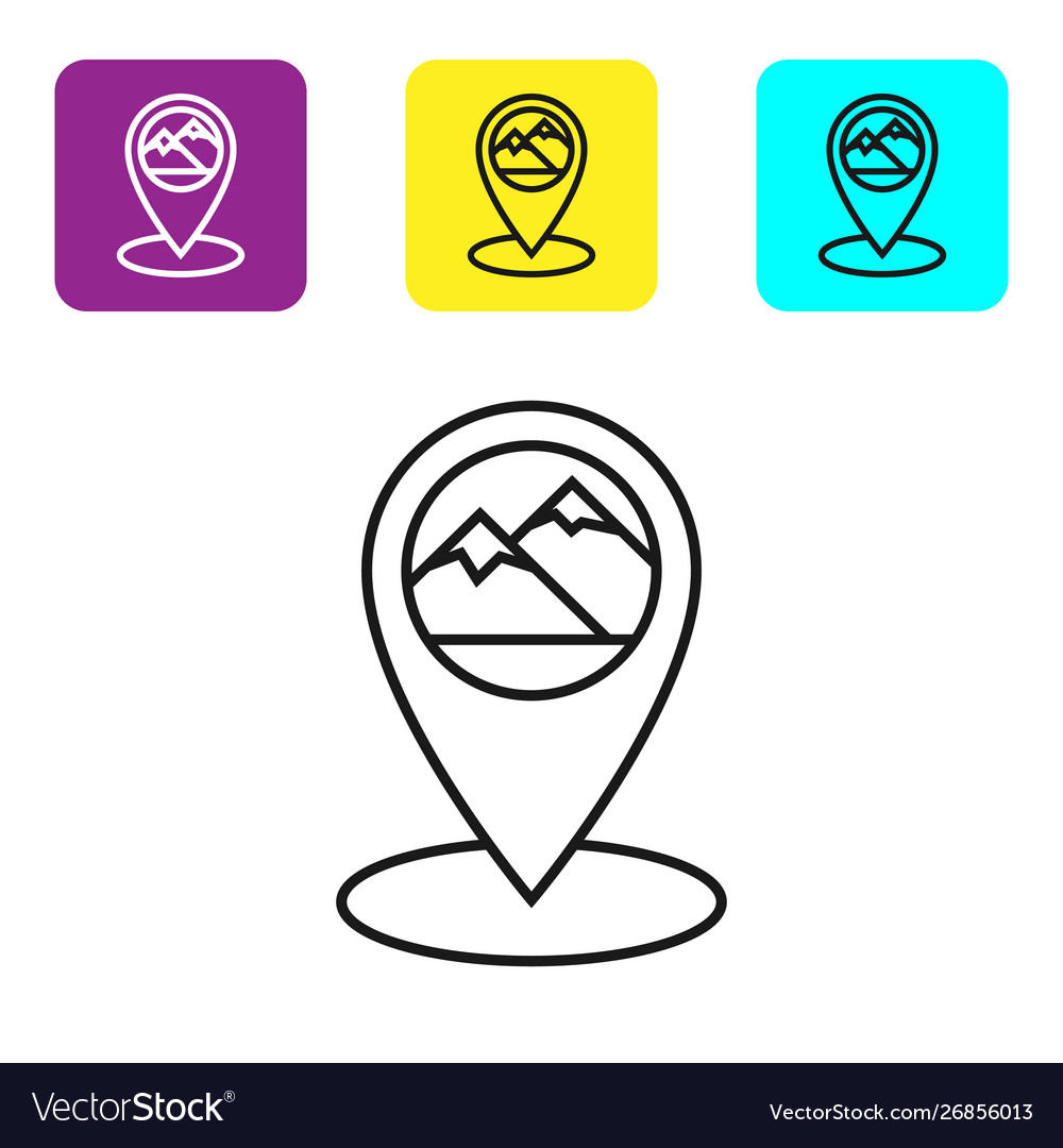 Black line map pointer with mountain icon isolated
