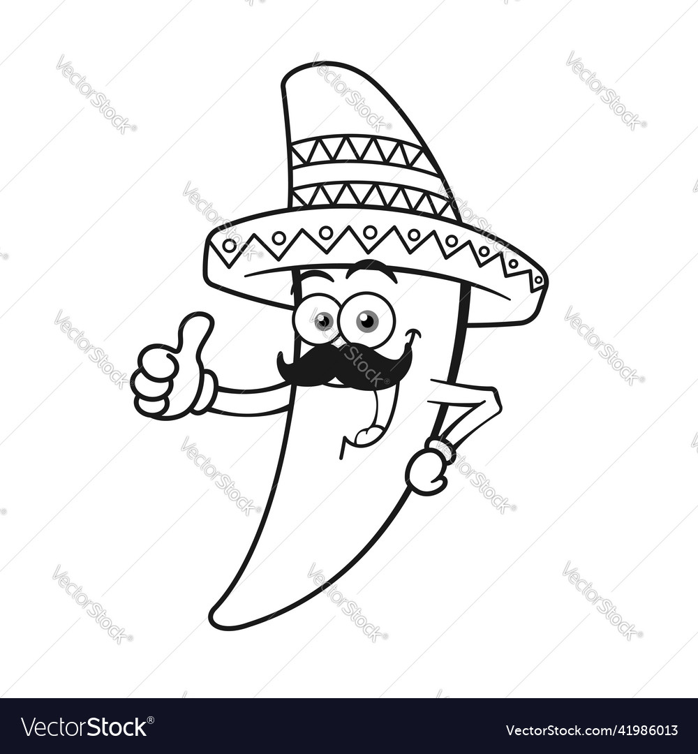 Cartoon chilli pepper wearing sombrero hat outline