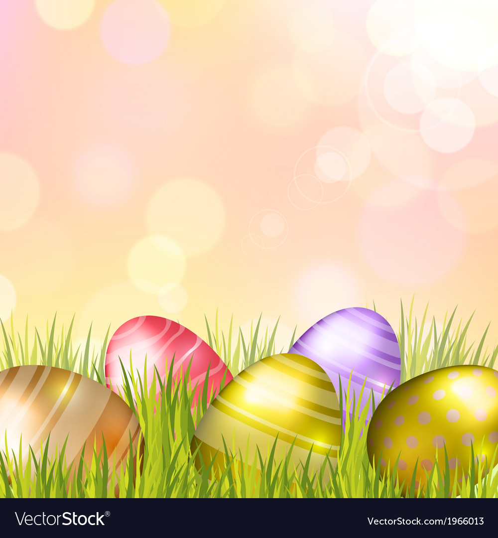 Easter bokeh background with eggs on meadow Vector Image