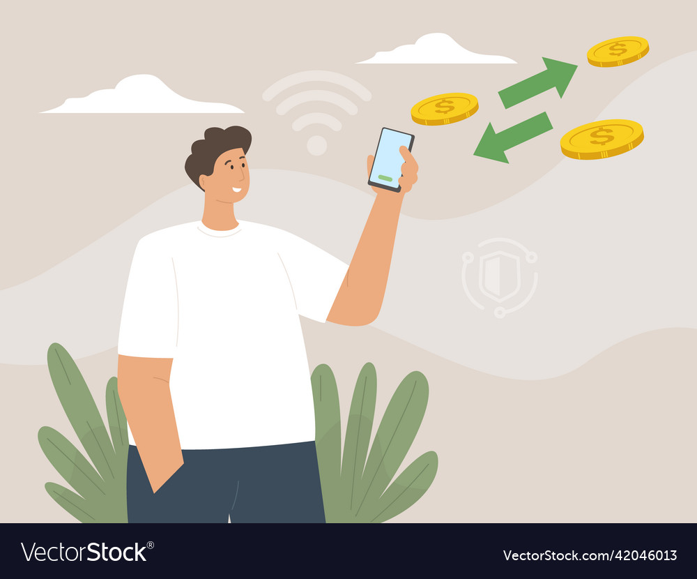 Man using mobile banking application to transfer vector image Man using mobile banking application to transfer