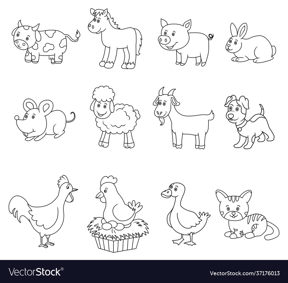 Set farm animal cartoon black line drawing Vector Image