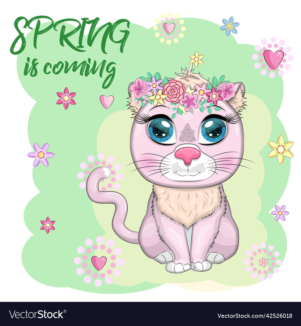 Cartoon cat with a wreath spring is coming cute