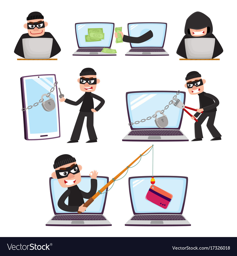 Cartoon hackers using laptop stealing money