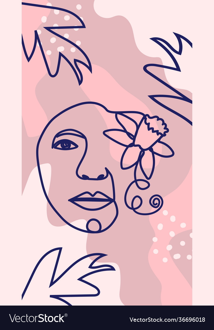 Woman face with flowers one line drawing half