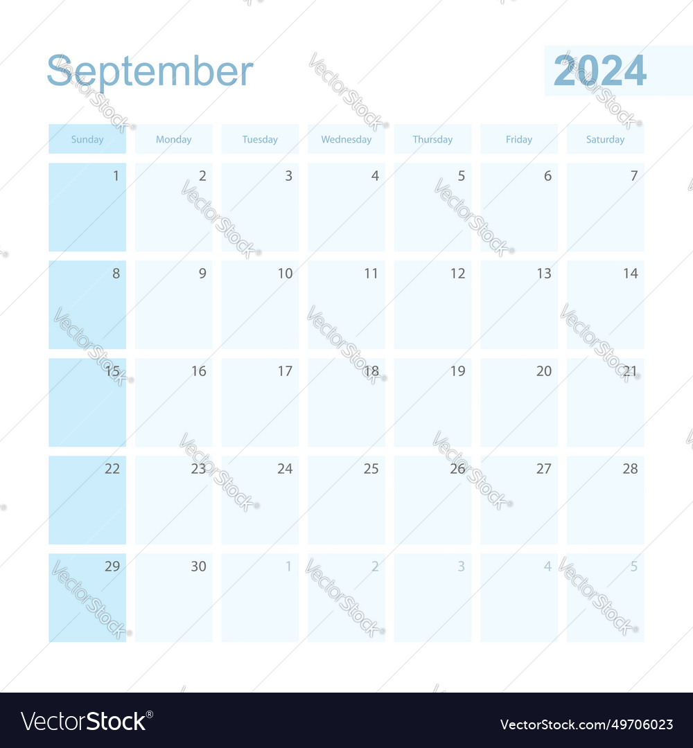 2024 september wall planner in blue color week Vector Image