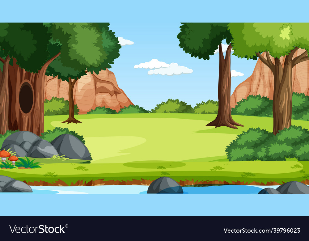 Forest scene with various trees and stream vector image Forest scene with various trees and stream