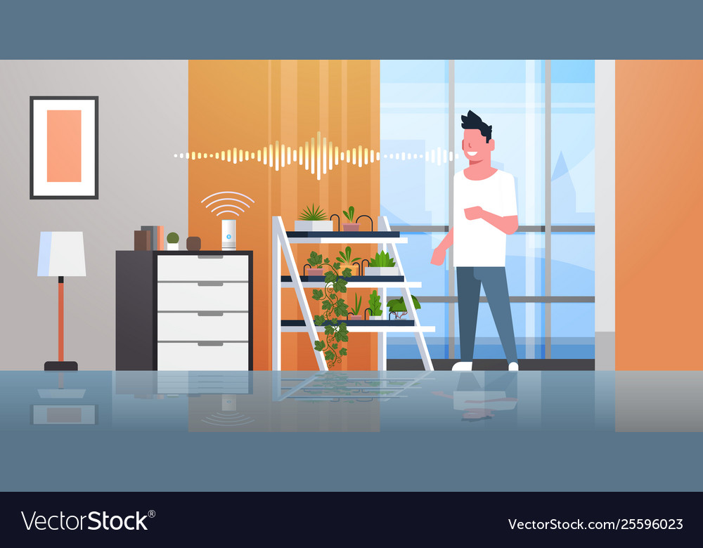 Man using smart speaker voice recognition vector image Man using smart speaker voice recognition