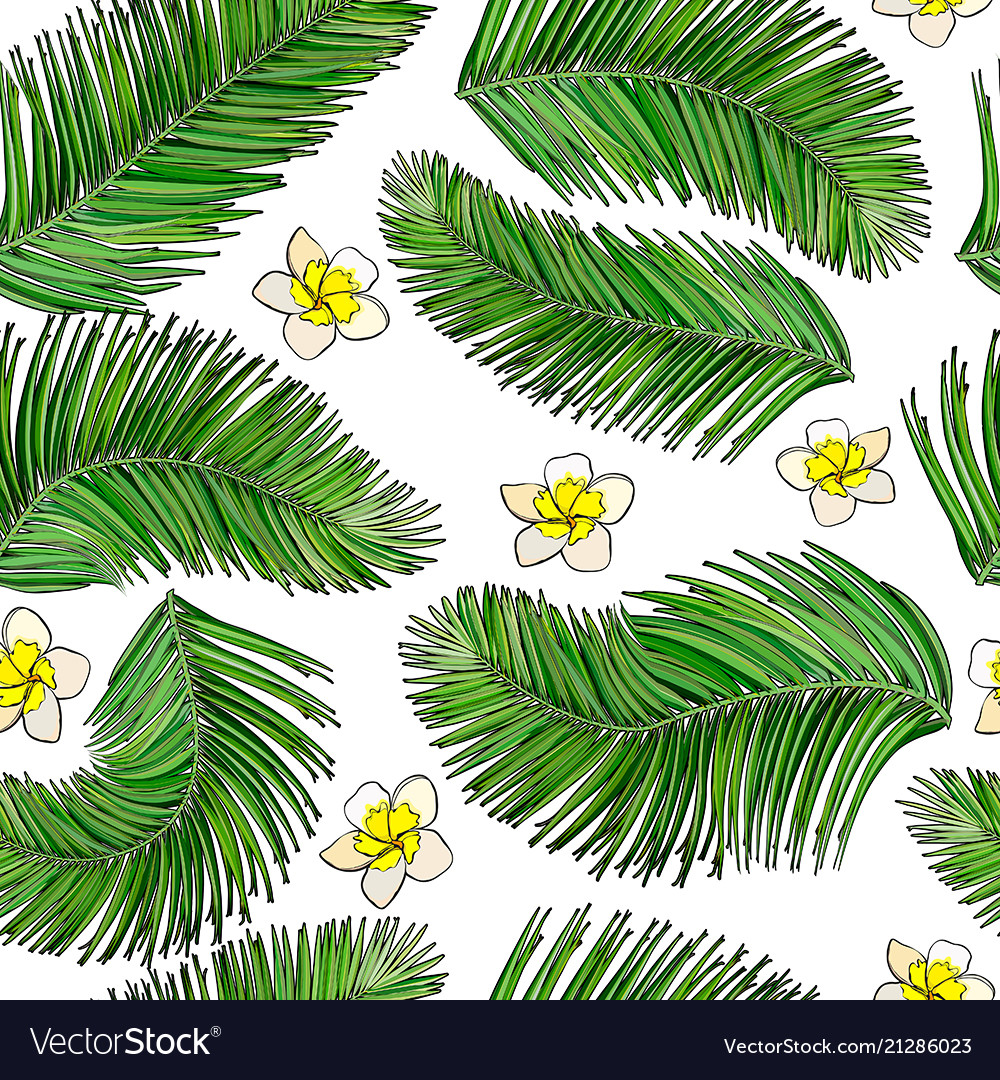 Palm leaves and flowers seamless background