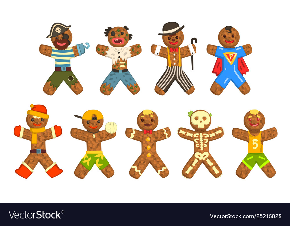 Gingerbread men wearing different costumes set