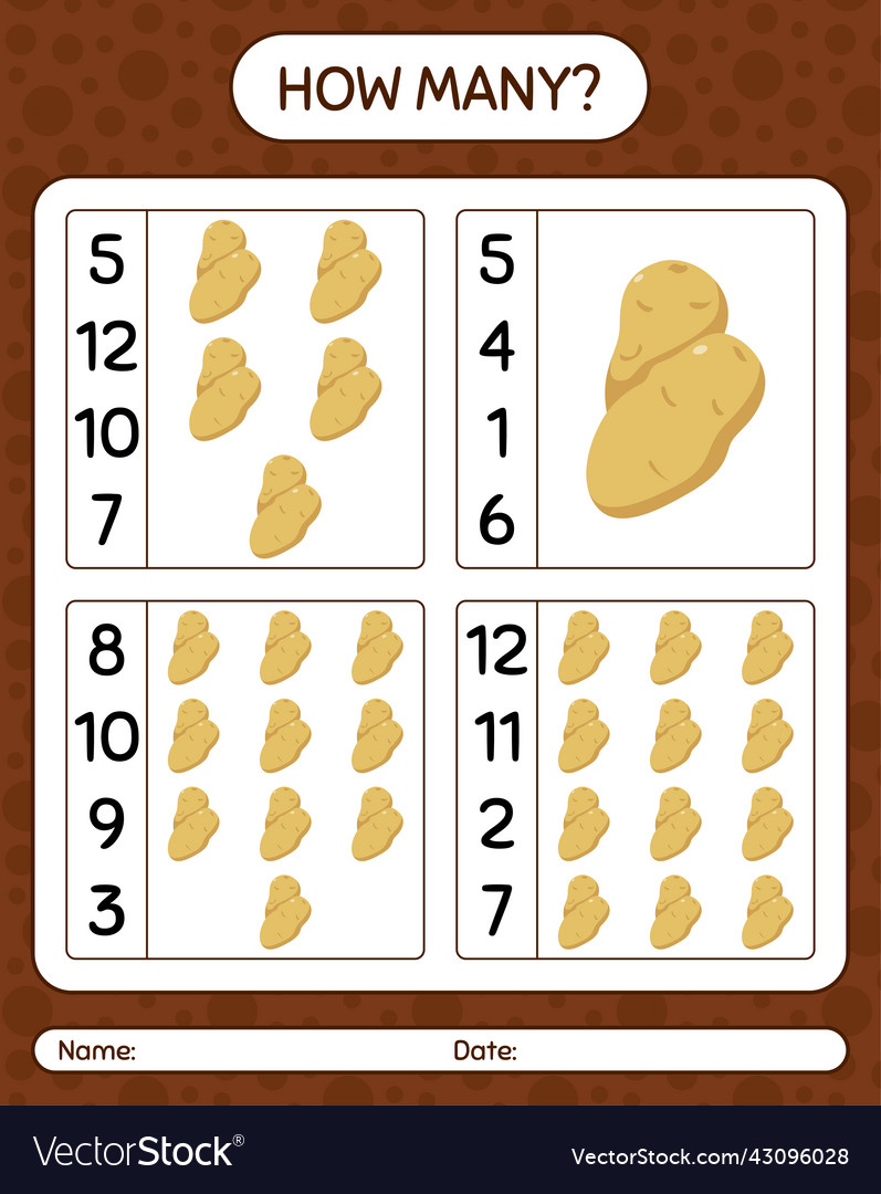 How many counting game with potato worksheet vector image How many counting game with potato worksheet