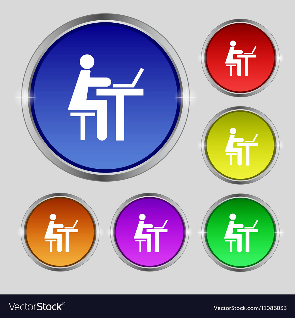 Businessman working on computer icon sign round Vector Image