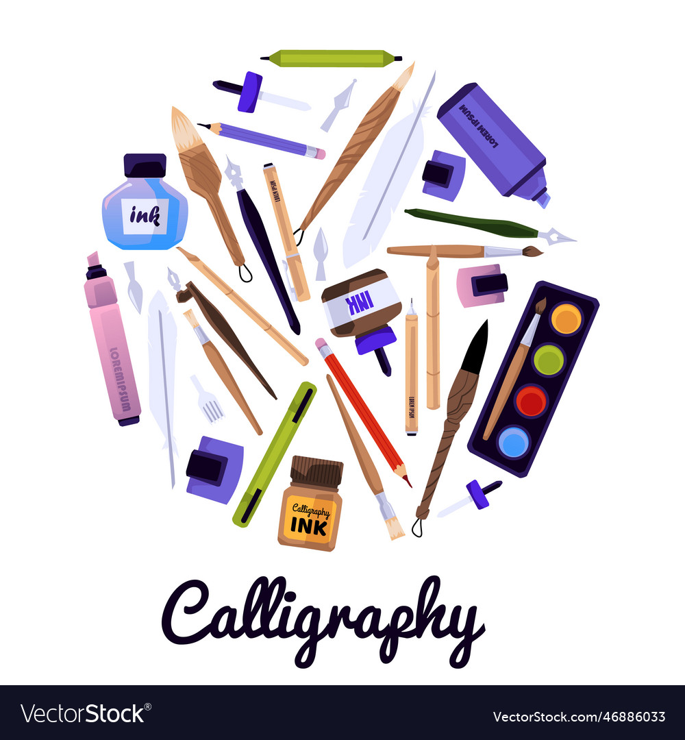 Calligraphy Tools Set In Shape Of Circle Flat Vector Image