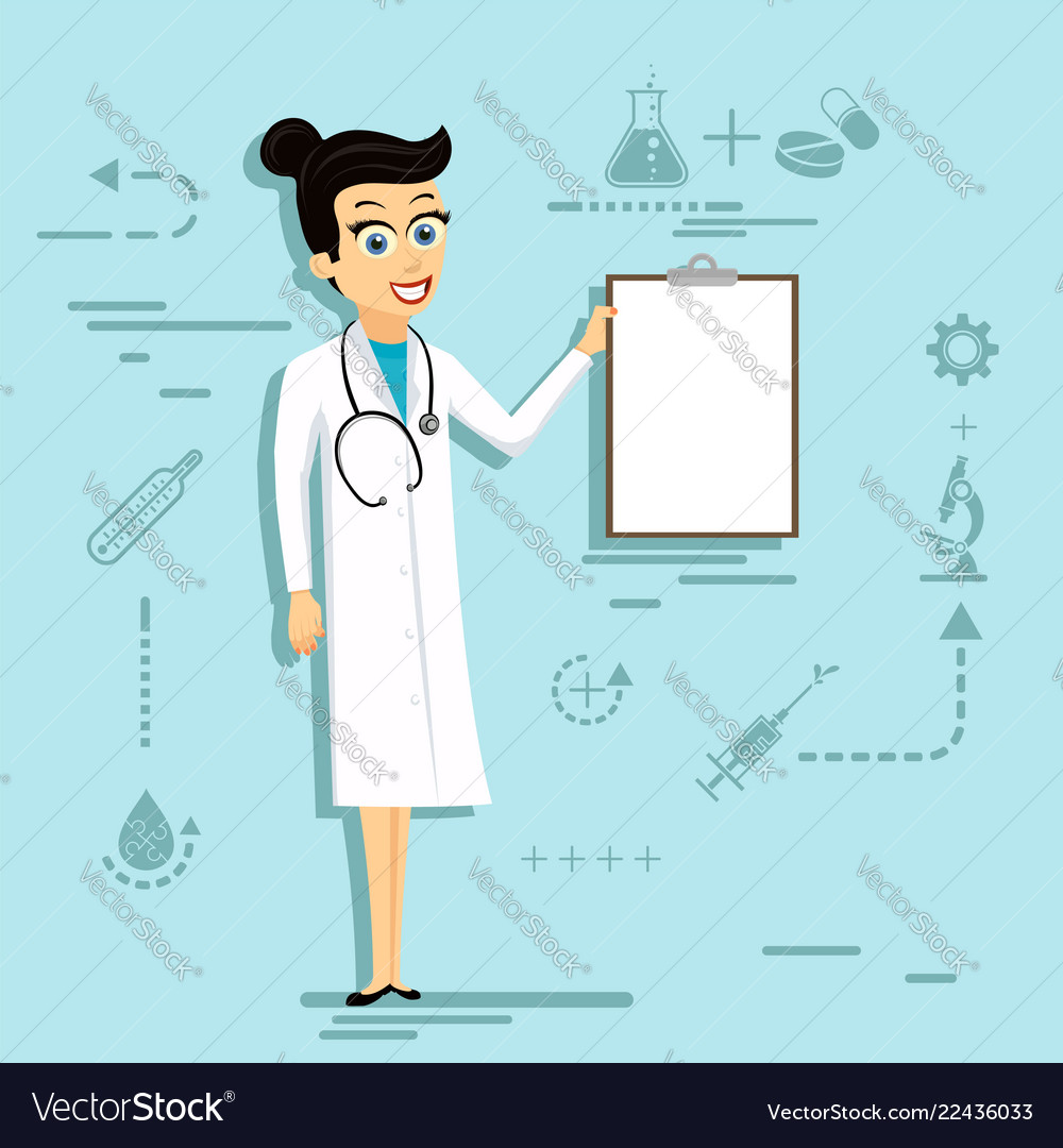 Doctor Woman In Lab Coat Holding Blank Clipboard Vector Image