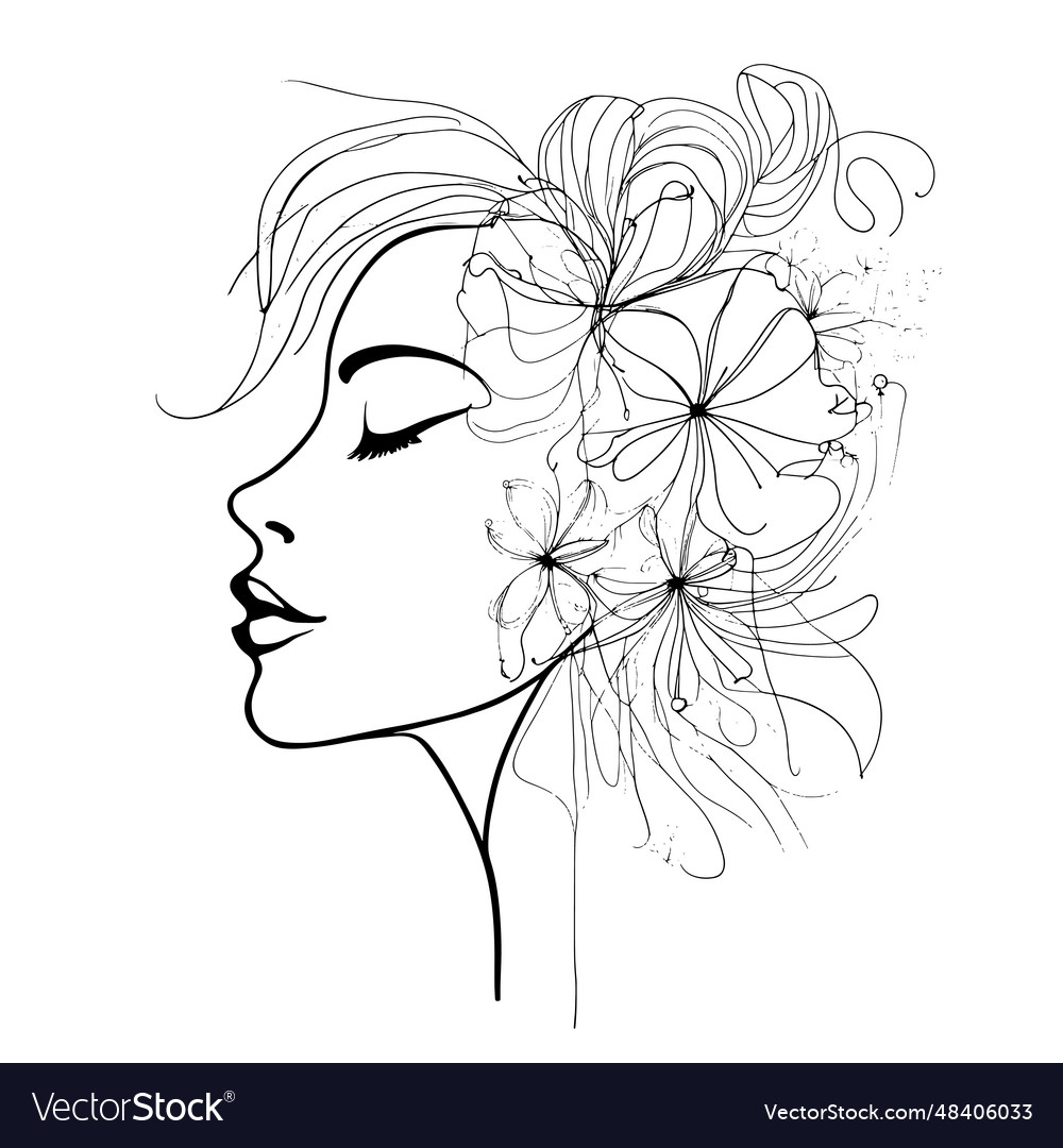 Sketch portrait woman flowers in hair and face