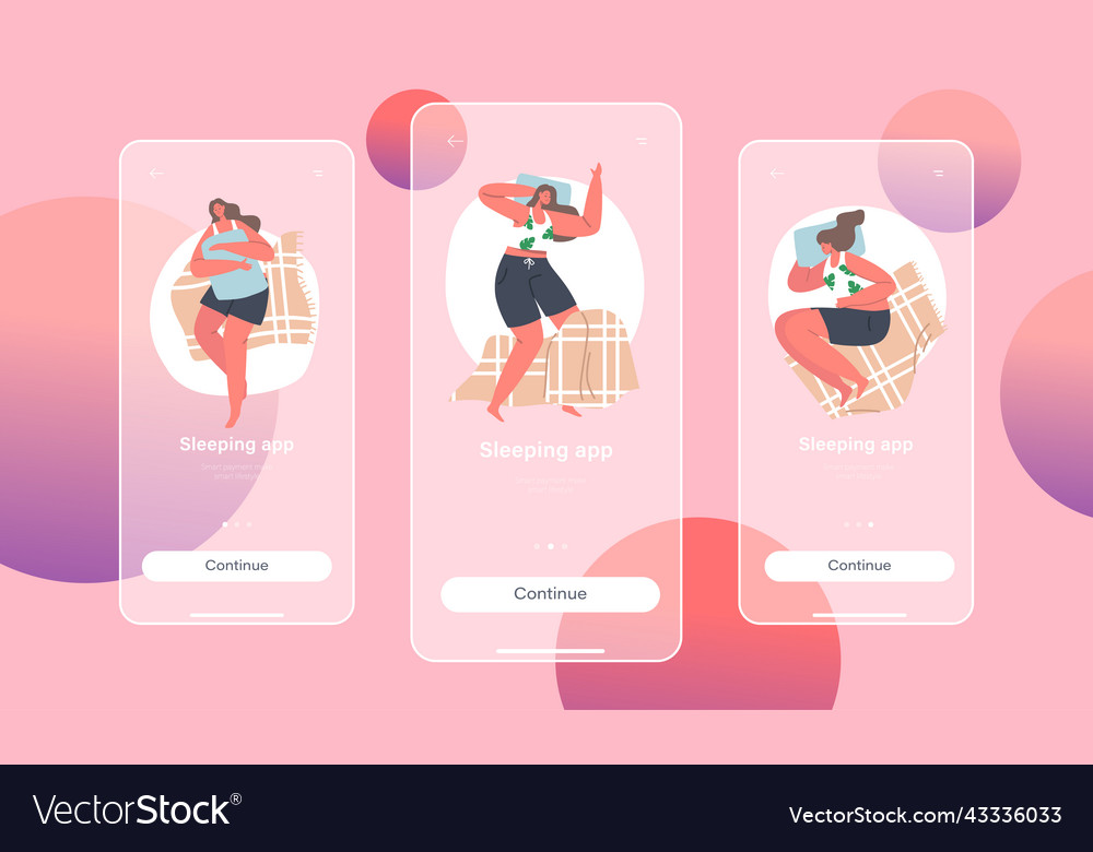 Sleeping app mobile page onboard screen template vector image Sleeping app mobile page onboard screen template