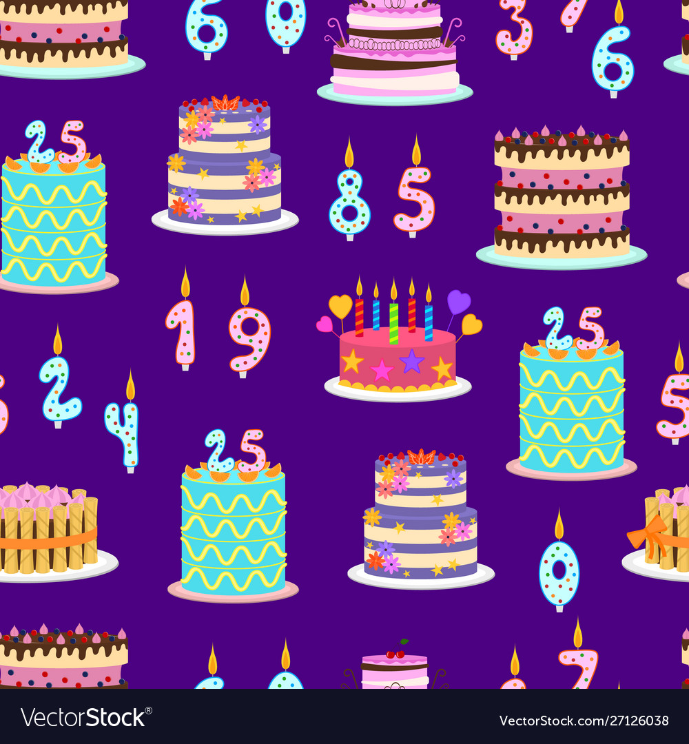 Cartoon color birthday cakes and elements seamless