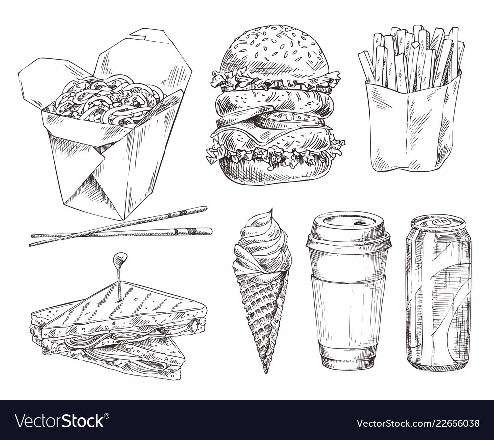 Fast food set hand drawn monochrome sketch Vector Image