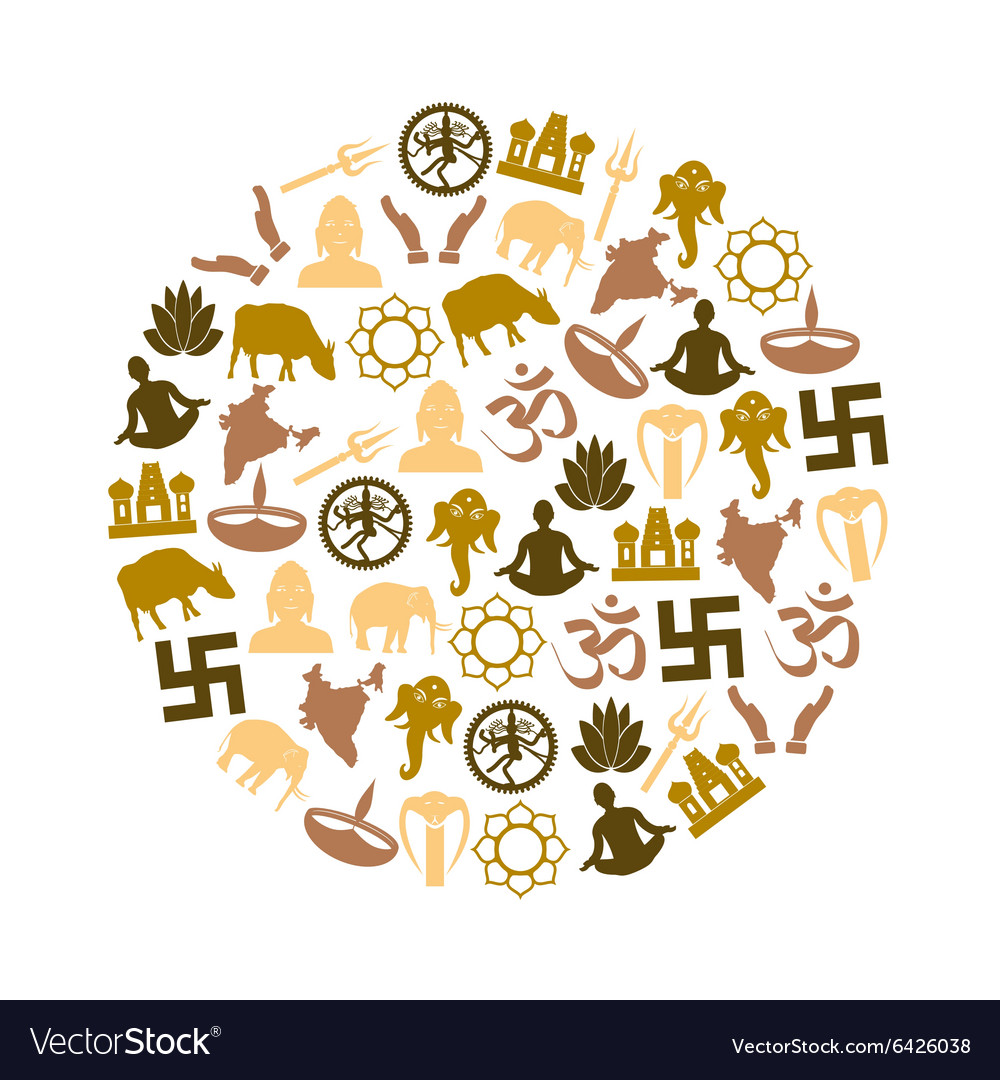 Hinduism religions symbols set of icons in circle