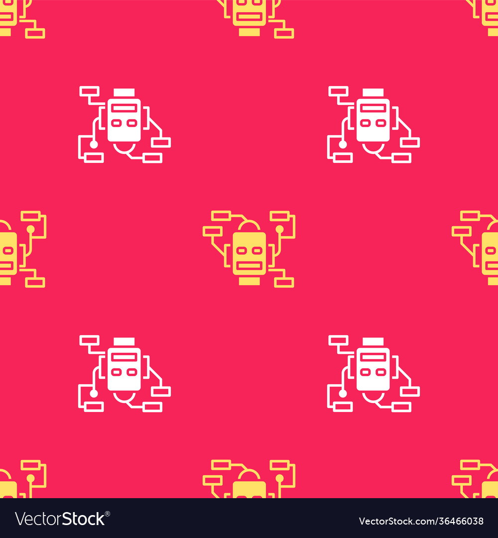 Yellow robot icon isolated seamless pattern on red vector image Yellow robot icon isolated seamless pattern on red