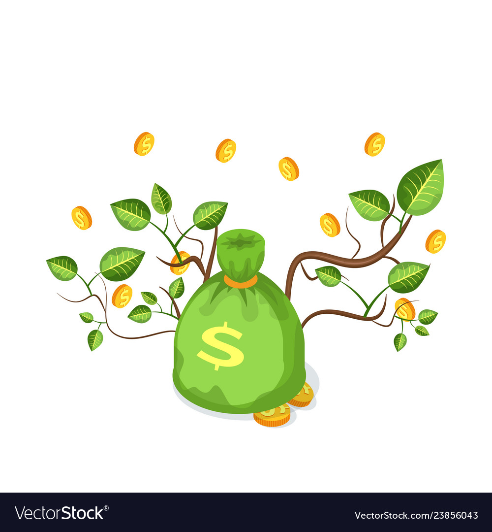 Green money bag with coins and branches