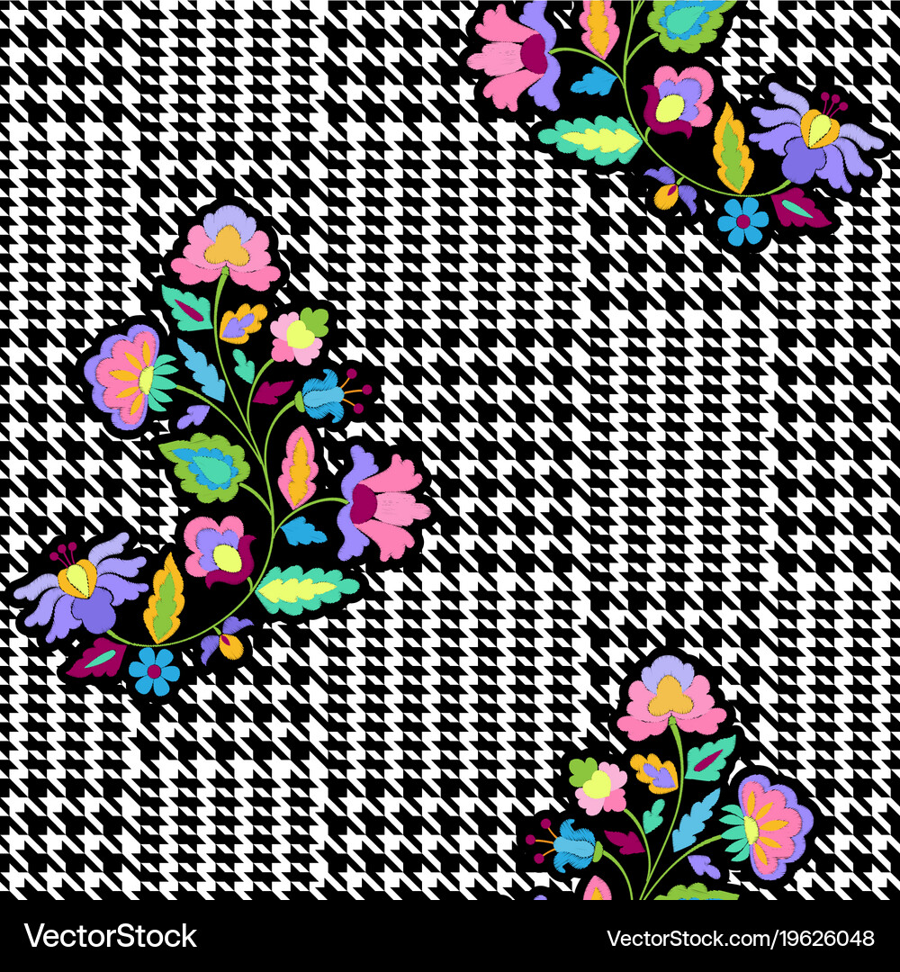 Check fashion seamless pattern with embroidery Vector Image