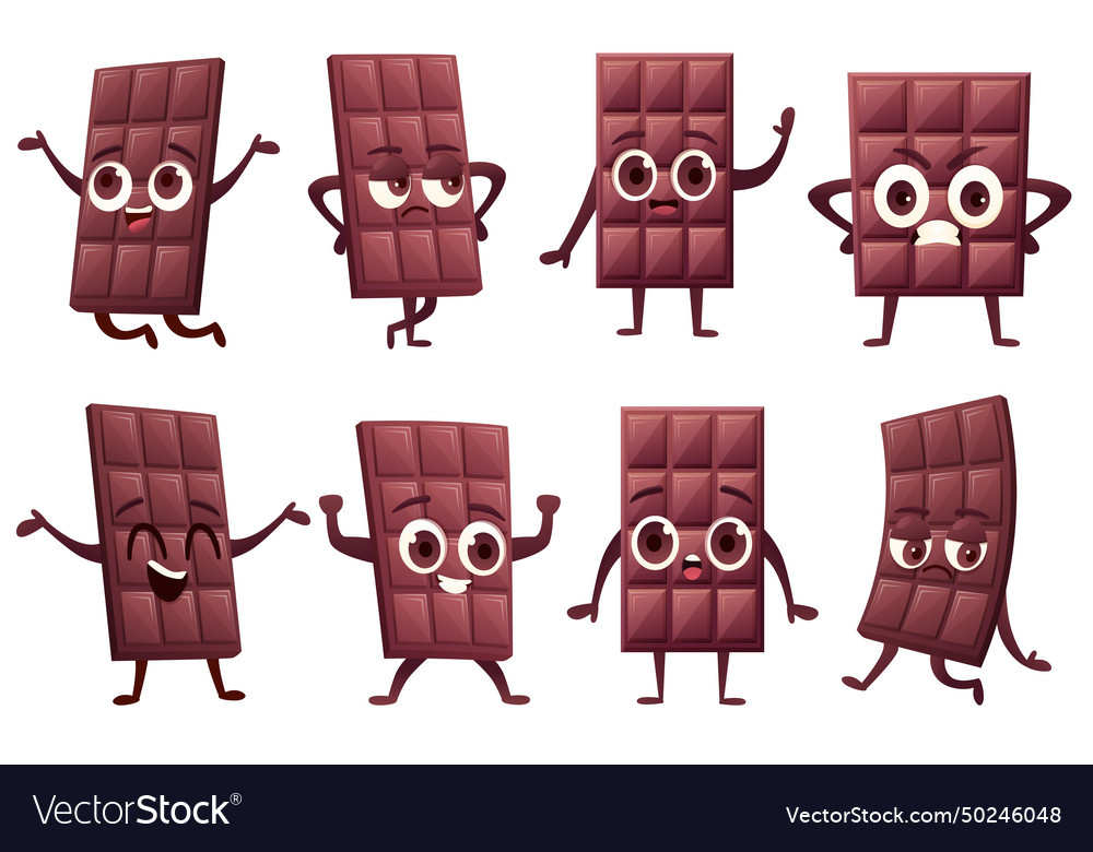 Chocolate character funny cocoa bar in different vector image Chocolate character funny cocoa bar in different