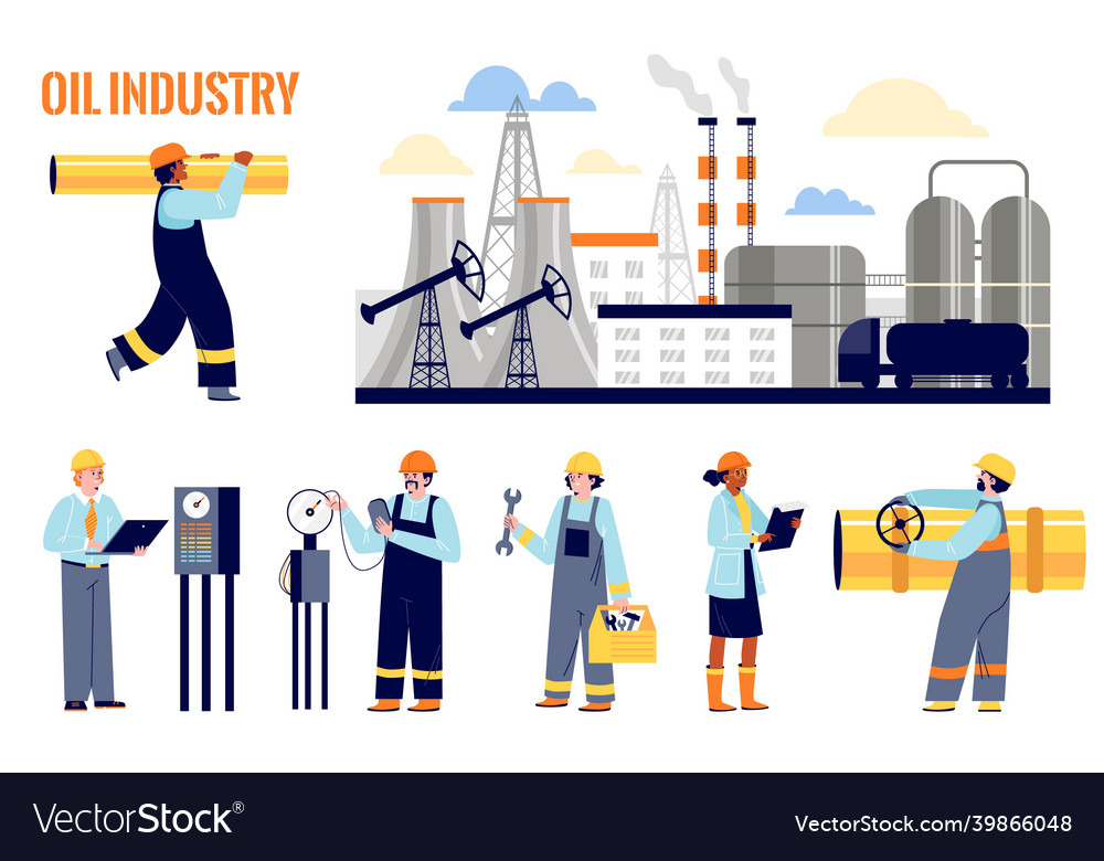 Set of various oilmen in oil or gas industry