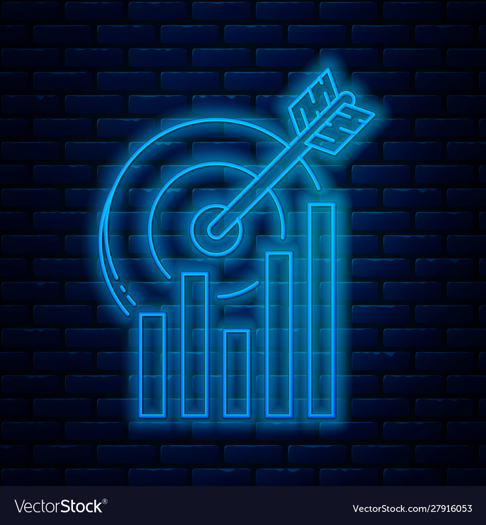 Glowing neon line target with graph chart icon vector image Glowing neon line target with graph chart icon