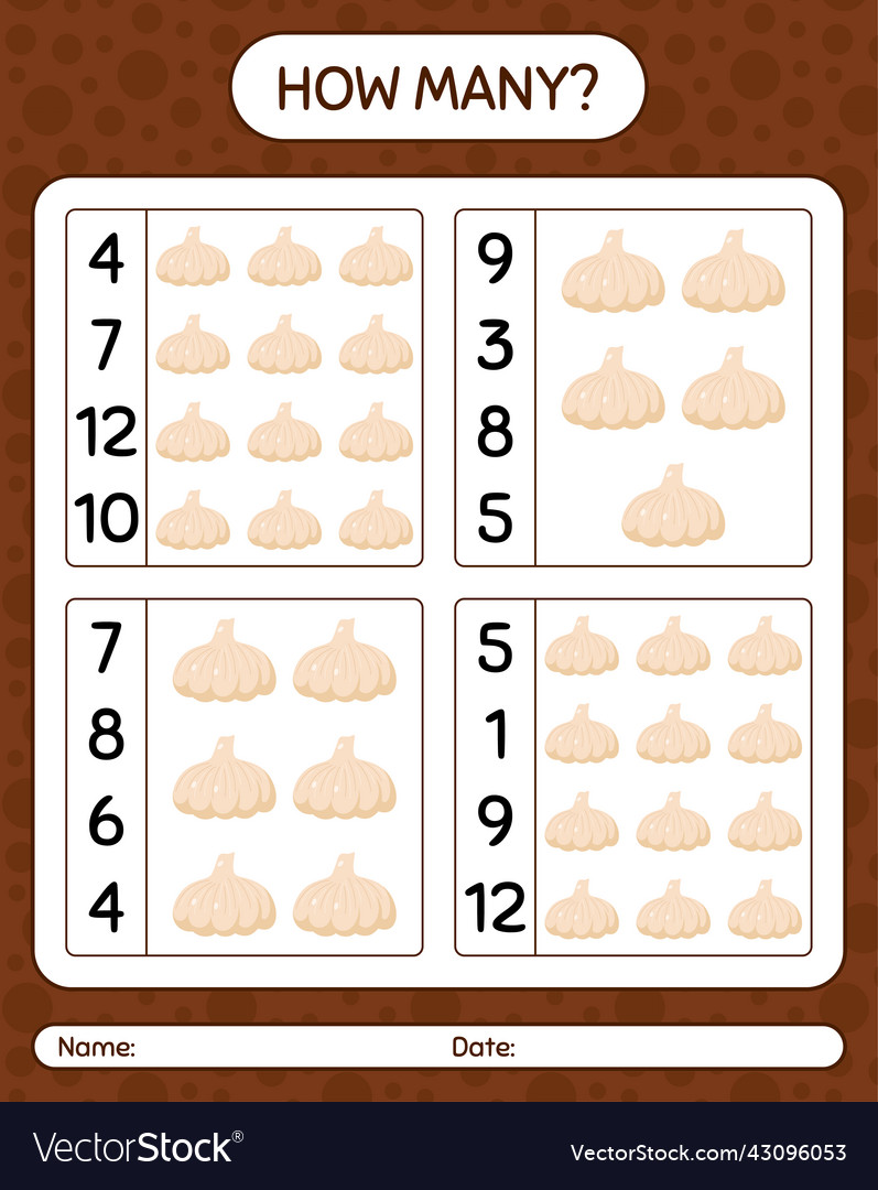 How many counting game with garlic worksheet Vector Image How many counting game with garlic worksheet