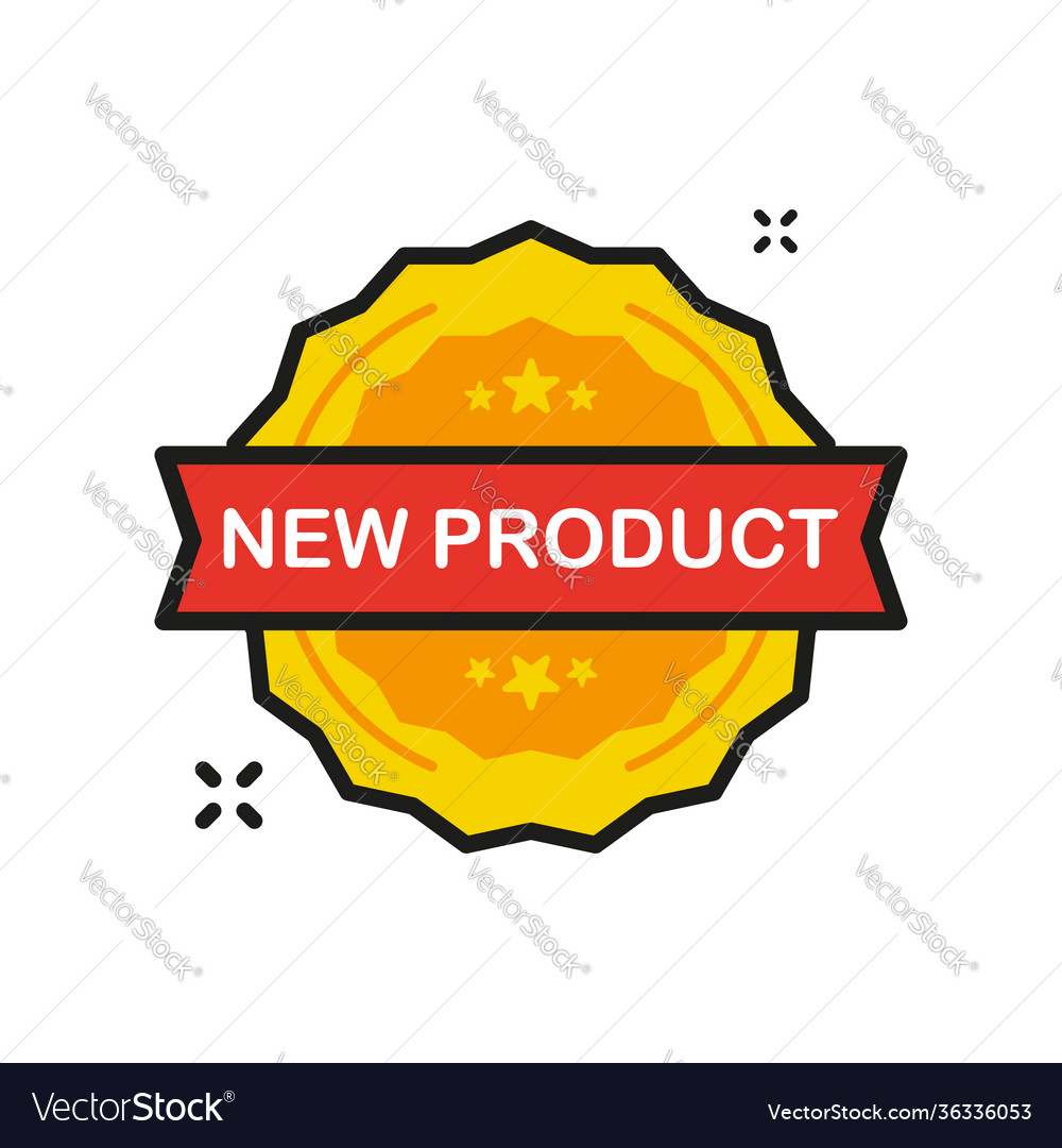 Neues Produkt Badge goldene Stempel-Ikone im flachen Stil