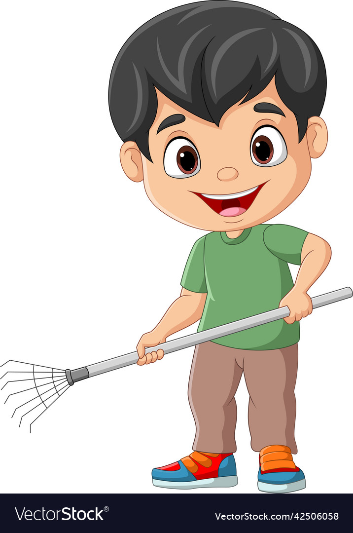 Cartoon little boy holding a rake Royalty Free Vector Image