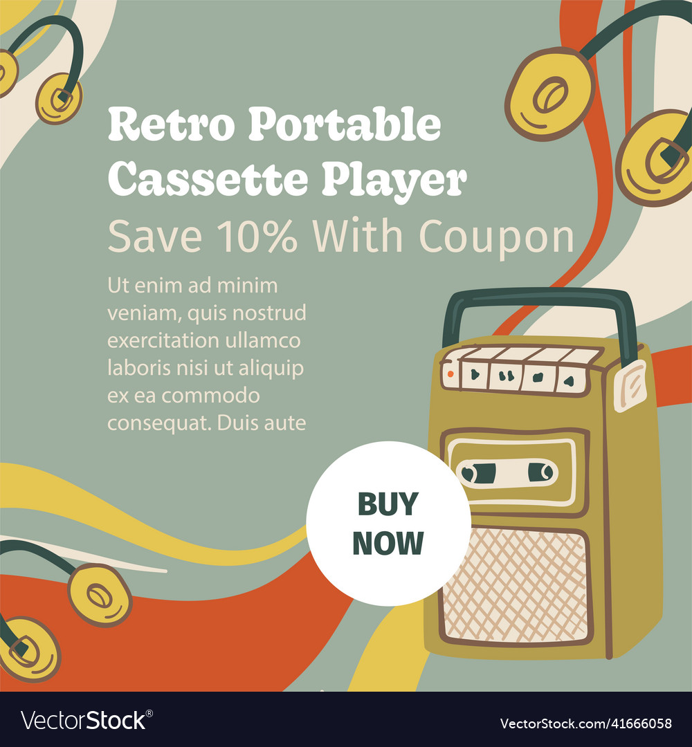 Retro portable cassette player save with coupon Vector Image