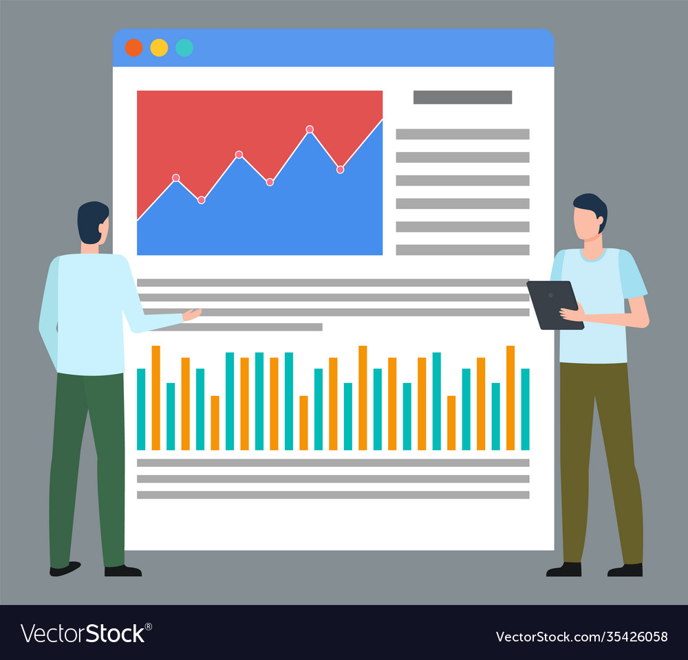 Workers analyzing data on screen flowcharts set Vector Image Workers analyzing data on screen flowcharts set