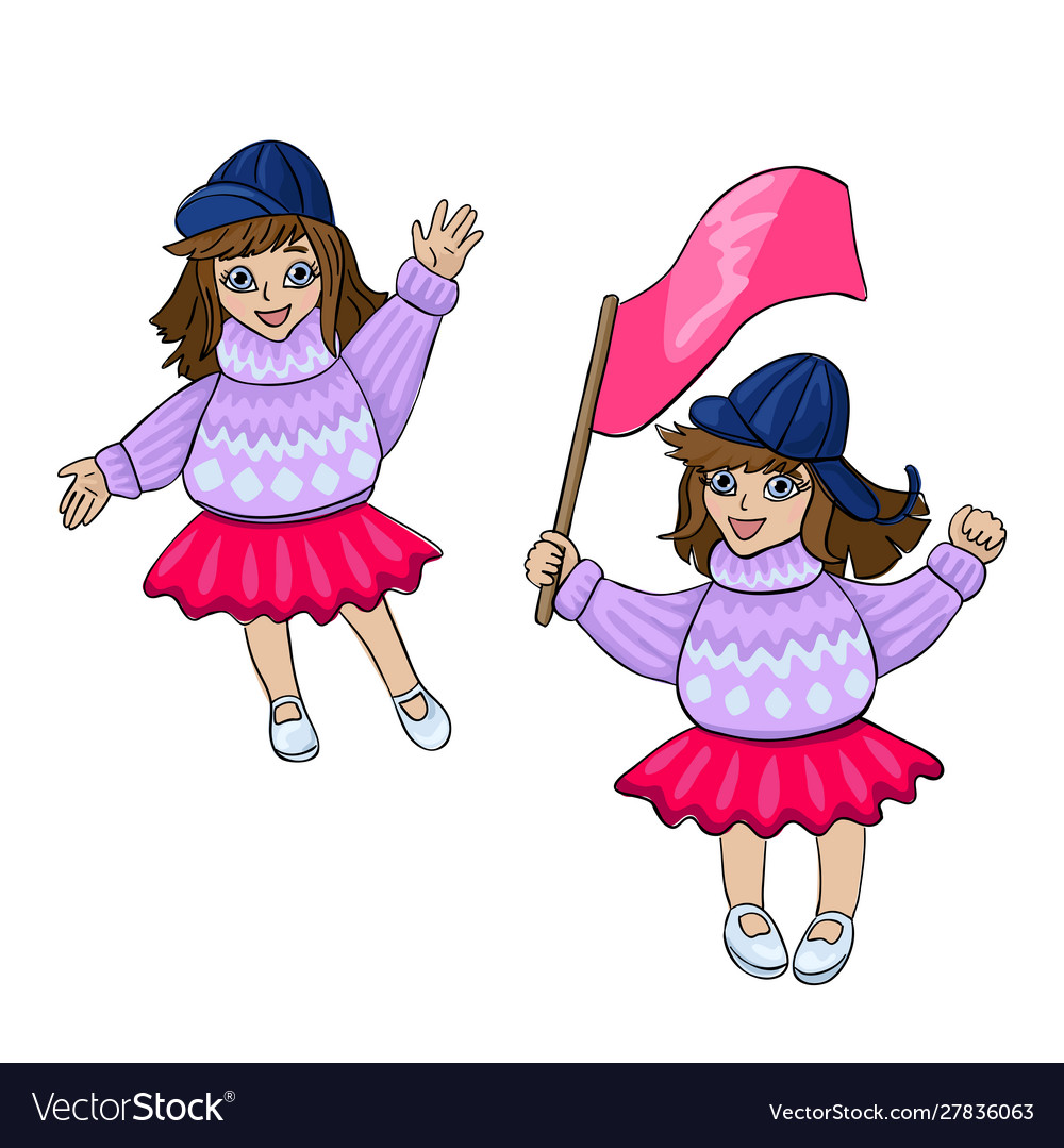 Girl in a sweater with flag and waving hand