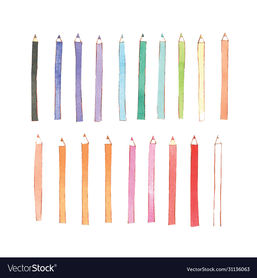 Various isolated watercolor color pencil